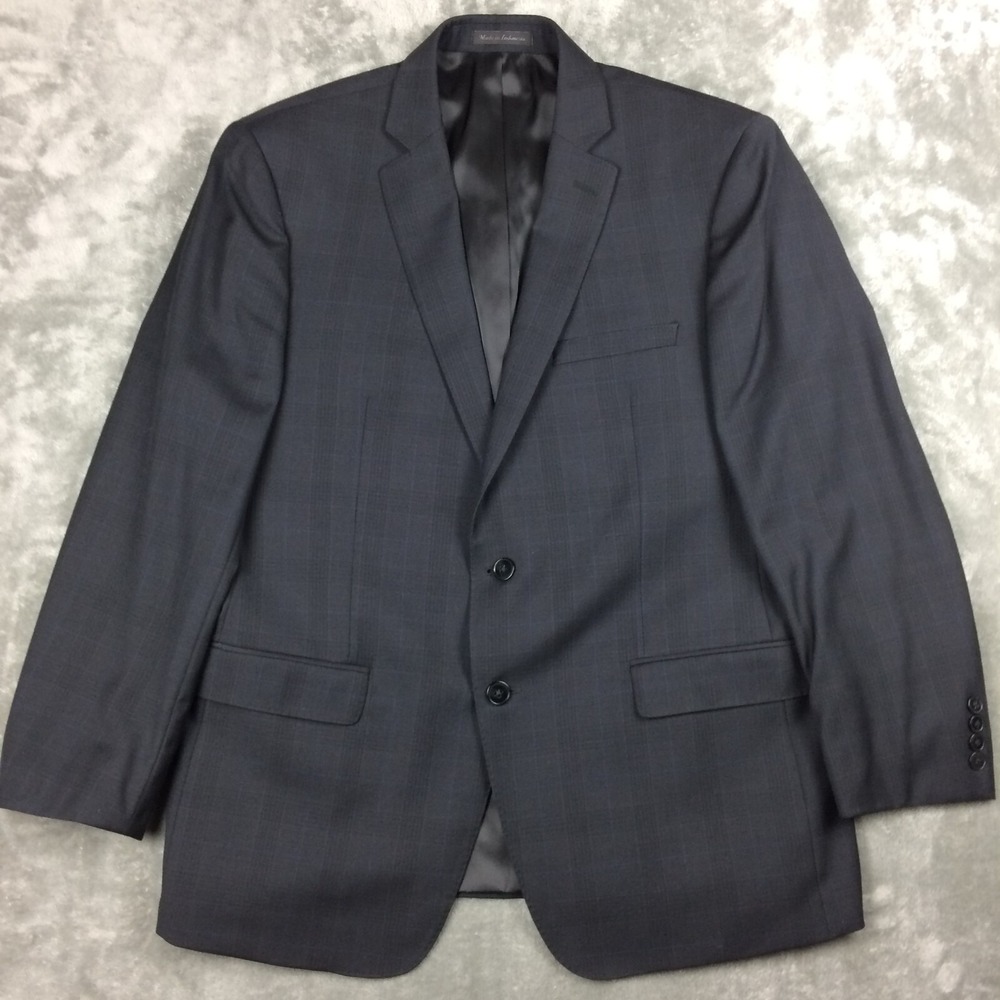Calvin Klein Mens Sport Coat Wool Grey Blue Windowpane Plaid 44R‎